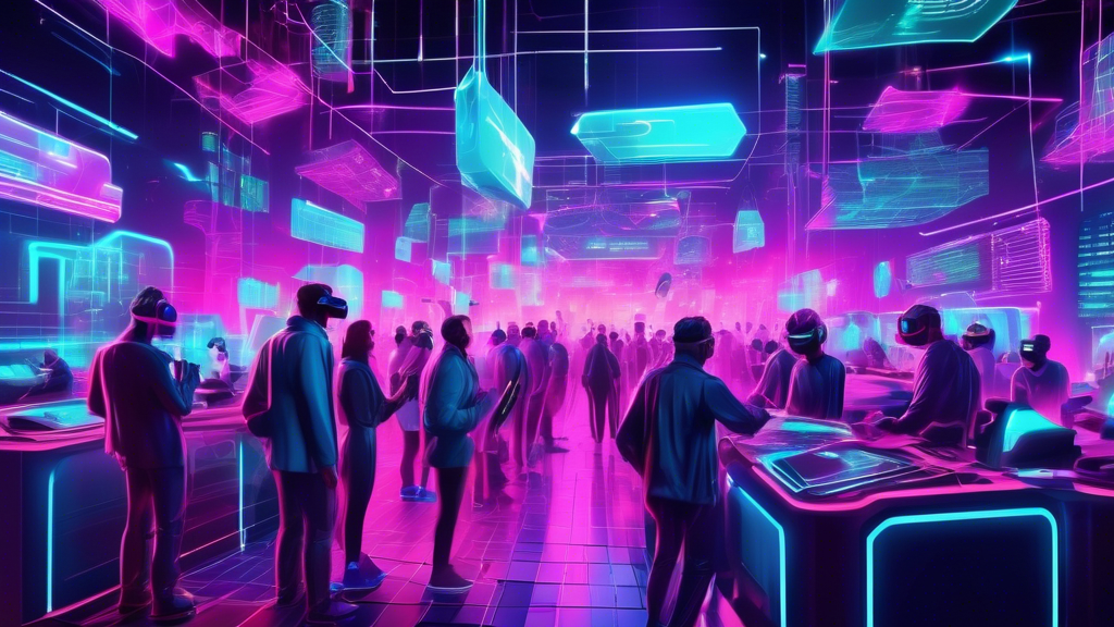 A bustling futuristic virtual reality market with traders intensely analyzing rising graphs and digital coins, highlighting the excitement around the 5th Scape as a new VR crypto contender, set in a dynamic, neon-lit cyber environment.