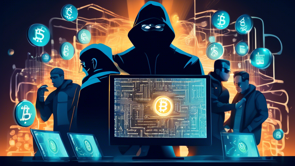 A digital illustration of a shadowy cyber thief being caught by a team of cybersecurity experts against a background filled with digital currency symbols and police lights, all encapsulated within a computer screen frame.