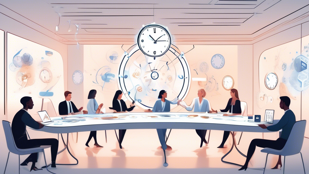 An illustrated scene of a business meeting in progress with a diverse group of people seated around a large table. The central figure, labeled as 'The Business Manager,' performs an elegant ballet pose, symbolizing 'light on your feet,' while simultaneously managing multiple clocks floating around, representing 'flexible with time.' The room is adorned with digital screens displaying the Ripple logo, and a large, mysterious, shadowed box sits in the corner, marked 'The One Caveat.'