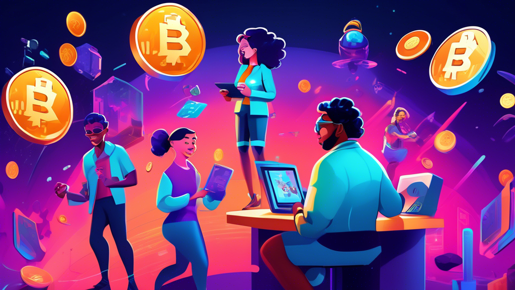 A vibrant, cartoon-style illustration of diverse characters playing a digital investment game with floating meme coin graphics, set in a futuristic virtual space themed around the Base network.