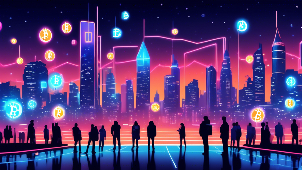 A futuristic city skyline at dusk with glowing neon signs showing rising graphs and Bitcoin symbols, reflecting on the streets filled with people holding digital devices displaying Bitcoin stocks, all under a sky with digital currency icons floating like stars.
