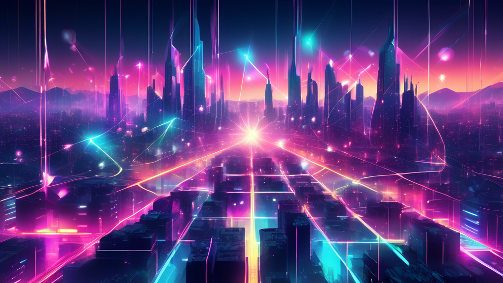Digital art showcasing a vibrant collaboration between Solana, Render, and Helium networks, symbolized by interconnected glowing nodes and beams of light on a futuristic city skyline backdrop.
