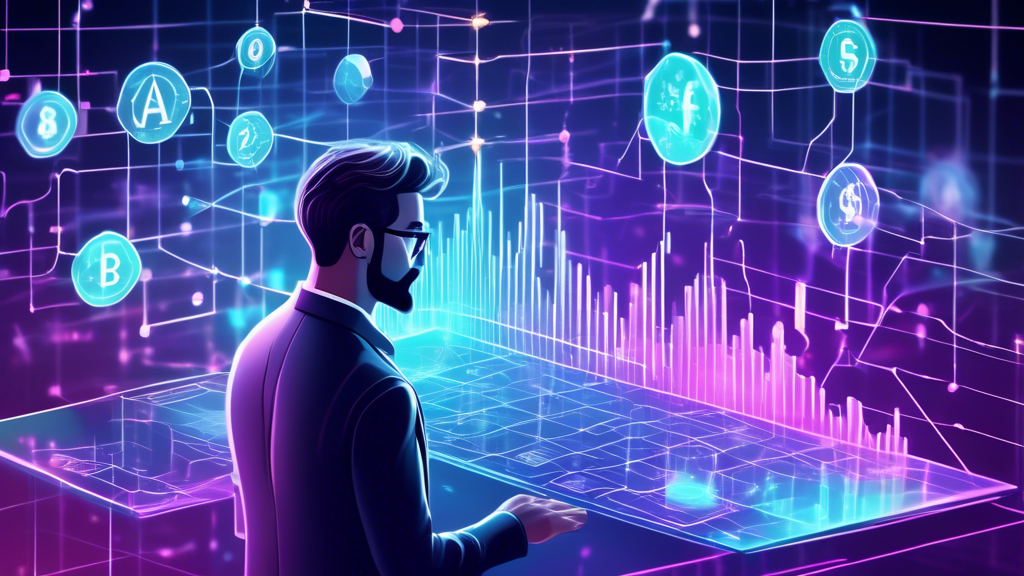 A digital illustration depicting a cautious expert analyzing fluctuating charts of Spot Ether ETFs on a futuristic holographic interface, with a background of blockchain networks interspersed with question marks and dollar signs.