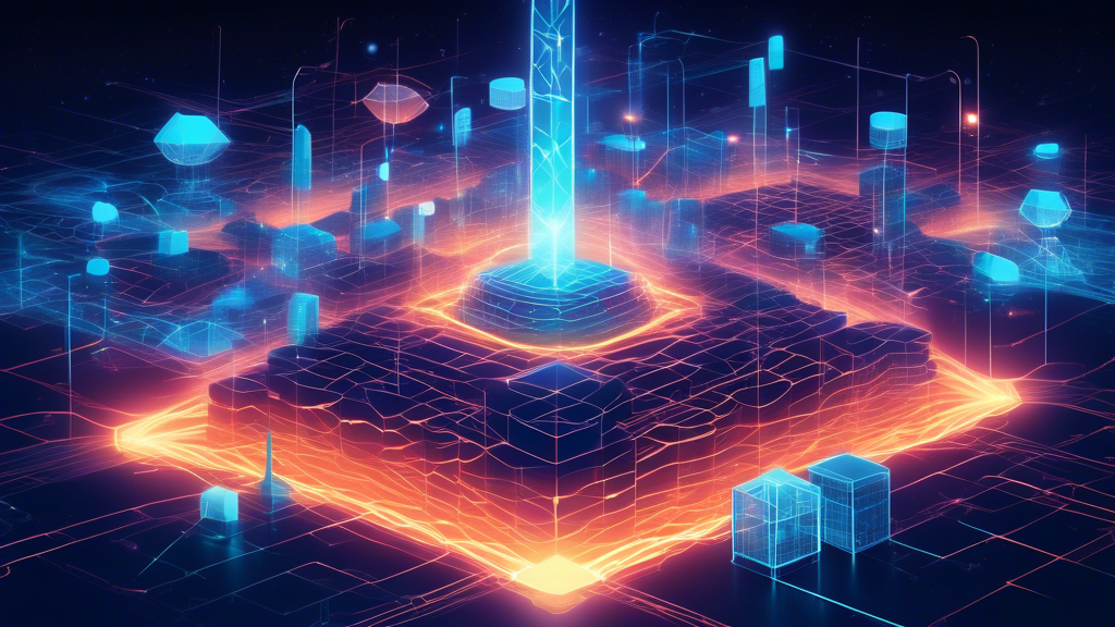 An illustration of a futuristic digital landscape with Axelar as a glowing, interconnected beacon, symbolizing leadership in cross-chain interoperability, surrounded by diverse blockchain networks.