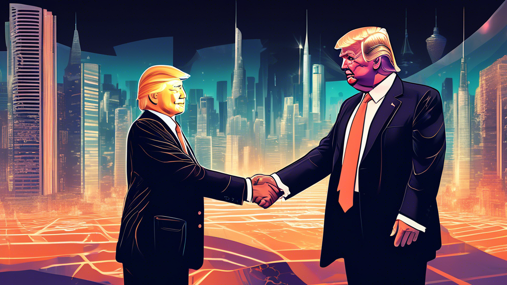 Digital illustration of Donald Trump shaking hands with a person representing the Silk Road, against a backdrop of a futuristic American city bustling with cryptocurrency activity.