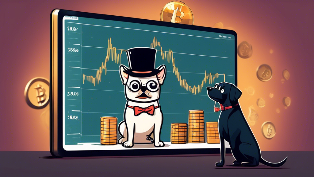 An illustrated chart on a digital screen showing the rising and falling prices of 'dogwifhat' cryptocurrency, with a cartoon dog wearing a monocle and a top hat analyzing the chart and pointing at the trends.