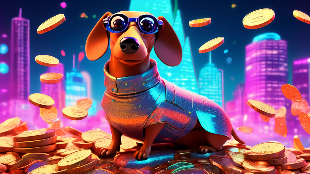 Digital artwork of a cartoon Wiener dog dressed as a futuristic investor, standing on a pile of coins with 'WienerAI ICO' neon signs glowing in the background, under a confetti-filled sky.