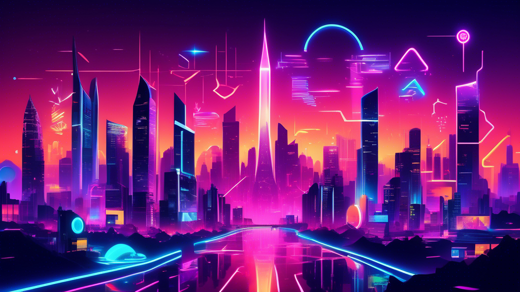 A vibrant, futuristic city skyline at sunset, with neon signs showcasing Akash Network, AAVE, and KASPA logos illuminating brightly, indicating their surging values, symbolized by upward arrows and glowing graphs.