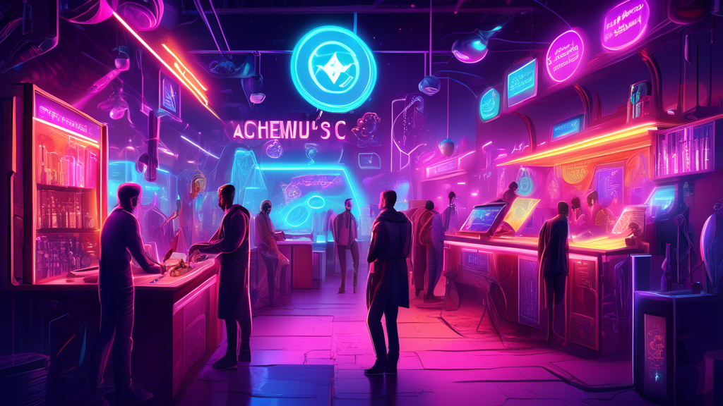 Digital illustration of a futuristic marketplace offering various magical rollup development tools, bustling with technomagic users and innovators under a neon-lit sign that reads 'Alchemy's One-Stop Shop for Rollup Development'.