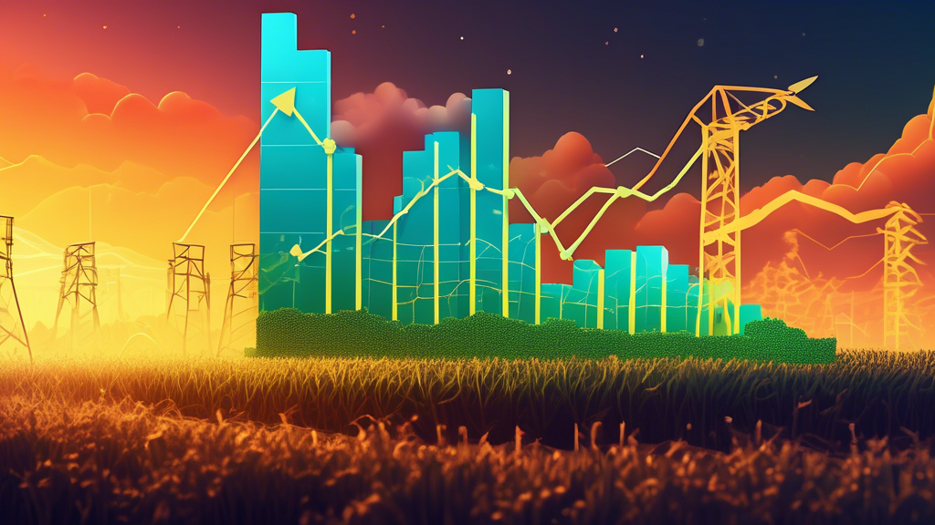 Detailed illustration of a digital farm landscape with Bitfarm's stock price skyrocketing upwards against a backdrop of a financial graph showing a 75% increase, under a glowing sky symbolizing growth and optimism.
