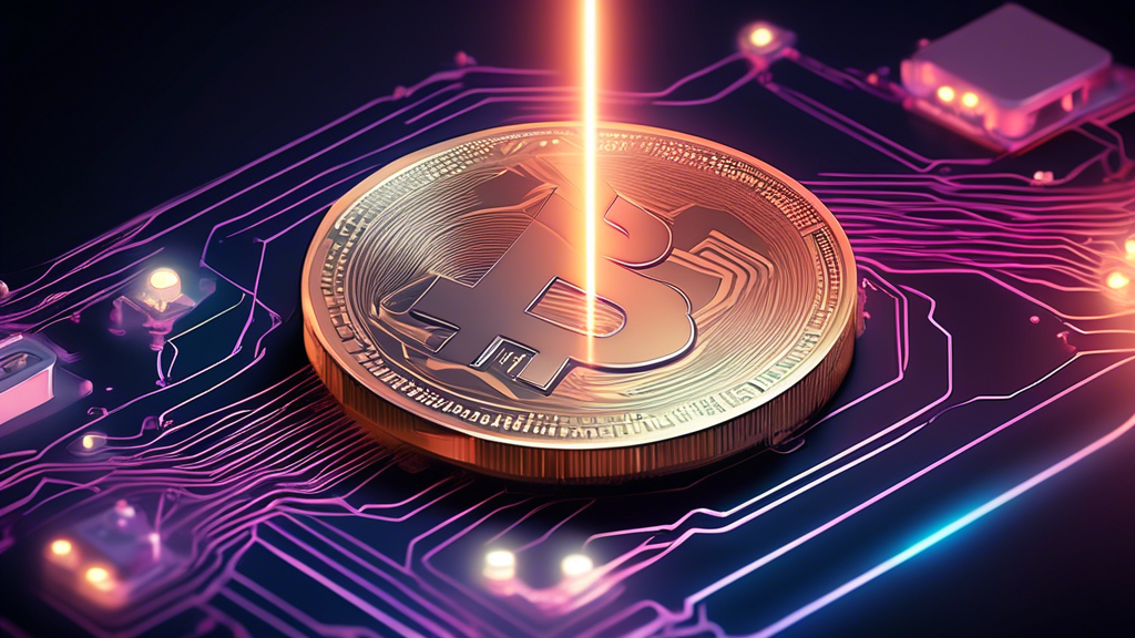Detailed illustration of BONK cryptocurrency coin being placed onto a futuristic digital platform with Bitstamp logo glowing prominently.