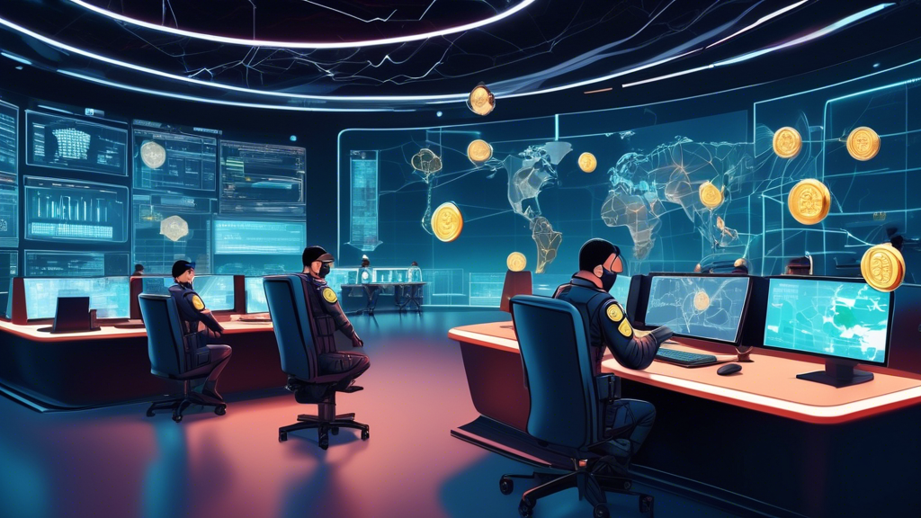 Digital illustration of Chinese and UAE law enforcement agencies working together in a futuristic command center, tracking and stopping cryptocurrency-related crimes on a global map.