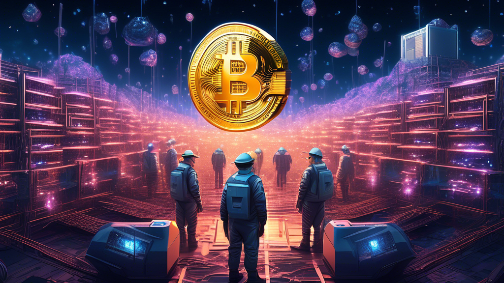 Digital artwork depicting a futuristic bitcoin mining farm standing firm as a massive, holographic $1 billion offer looms over it, symbolically declining the transaction under a starlit sky.