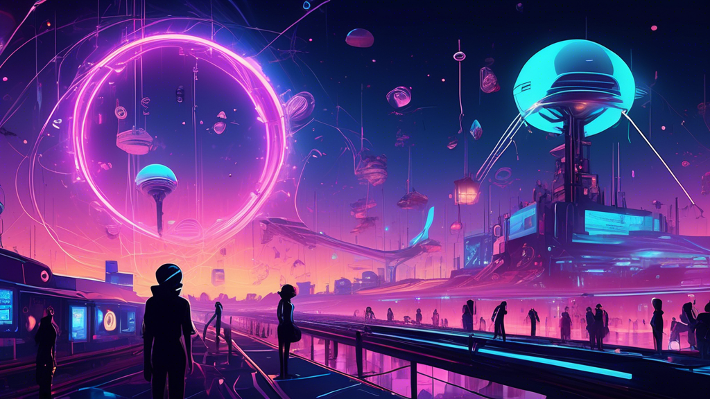 A futuristic digital marketplace bustling with activity as Raboo tokens glow brightly in the foreground, while a saddened cartoon mascot of DOT watches from the shadows beneath a broken support line, against a backdrop of Ethena launching a shimmering, revamped token model into the sky.