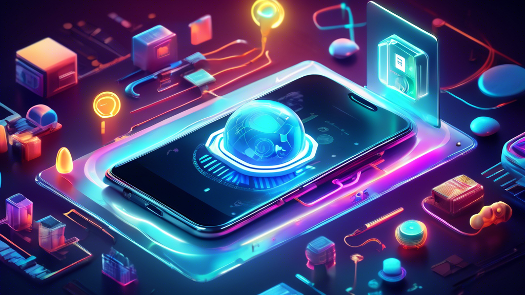 A futuristic smartphone emitting a bright, glowing helium symbol, surrounded by diverse technological components and digital interfaces, signifying the launch of the Helium Mobile Tech Stack Licensing Program.