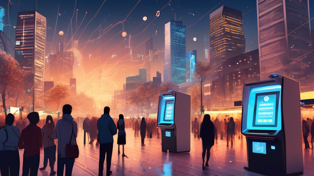A futuristic digital image of a bustling city square at dusk with illuminated bitcoin ATM kiosks dotted around, showing a live counter display reaching 38,000 installations, with people of diverse backgrounds engaging with the machines, under a sky painted with digital currency symbols and a graph chart indicating the rise and fall, hovering near its peak.
