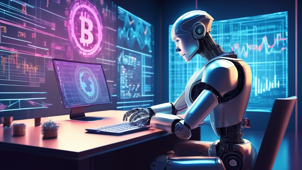 An AI robot analyzing cryptocurrency trends and giving investment advice, surrounded by digital graphs and crypto symbols, with a thoughtful expression, in a futuristic finance office setting.