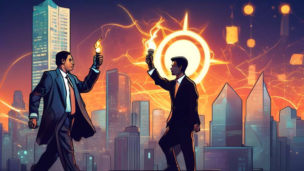 A symbolic illustration capturing the moment of transition at Jump Crypto, with an image of President Kanav Kariya metaphorically passing a digital torch to a successor against a futuristic city skyline background, under the watchful eye of symbolic scales of justice representing the CFTC investigation.