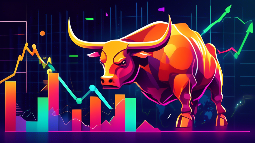 An illustration of a vibrant, upward trending graph line symbolizing a bull market, intertwining with icons of stocks and Bitcoin, with Katie Stockton watching over in approval, set against a futuristic financial market backdrop.