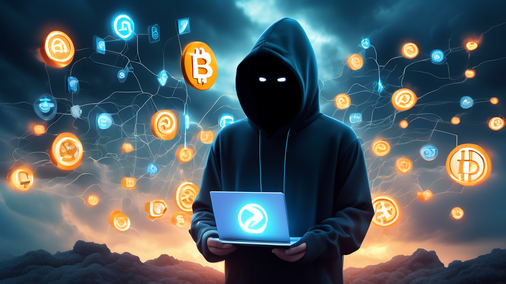 A futuristic digital landscape depicting a hacker in a dark hoodie compromising a large, glowing email symbol, surrounded by floating cryptocurrency symbols, under a stormy sky.
