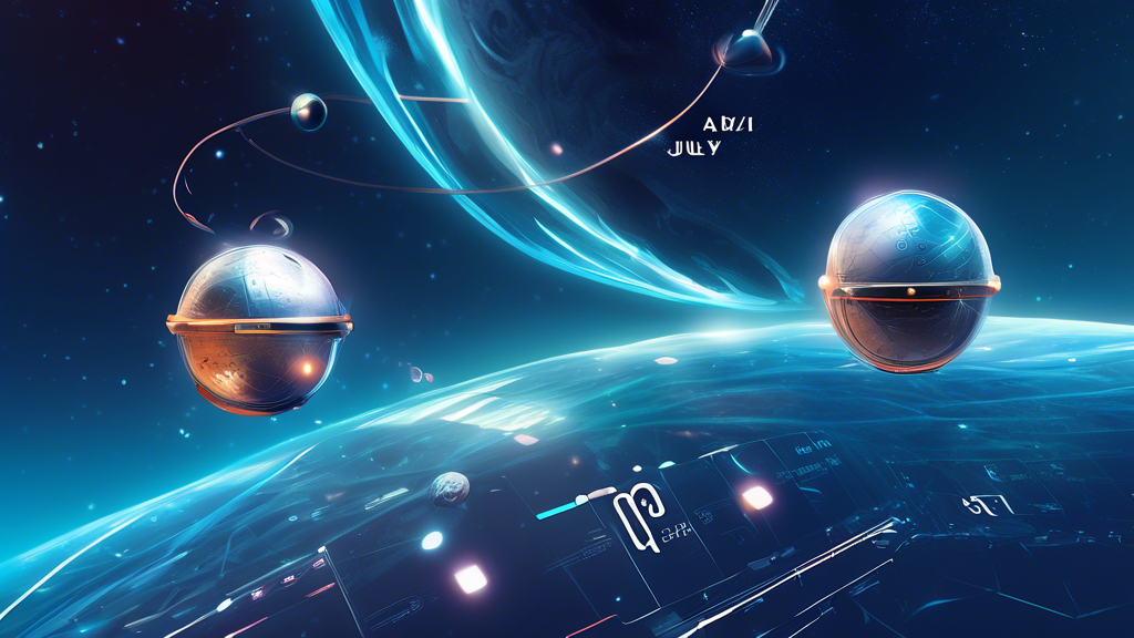 Digital artwork depicting three futuristic AI tokens - FET, AGIX, OCEAN - orbiting each other in space, with a digital calendar in the background marking the delay to July.