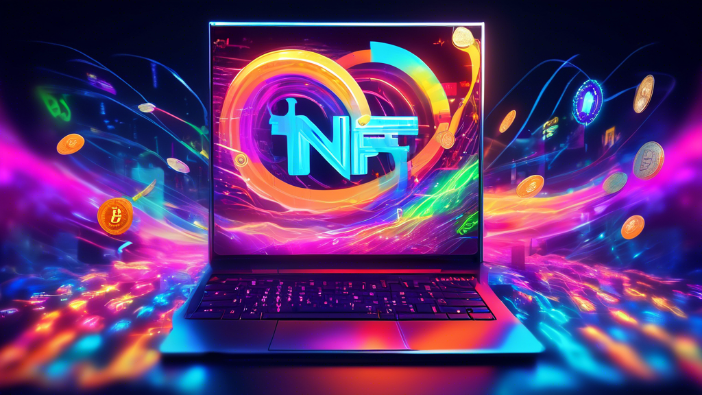 A vibrant digital artwork showcasing a surge of colorful NFTs (Non-Fungible Tokens) flowing out of a glowing computer screen, with Bitcoin symbols prominently leading the wave and a dynamic graph in the background illustrating a 50% jump in sales, all set against a backdrop of a bustling, futuristic marketplace, highlighting a mix of excitement, innovation, and monetary gain.
