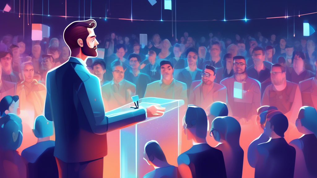An illustration of Patrick Bet-David standing on a podium, giving a speech to a diverse audience, with a large, transparent, digital blockchain voting system hovering above his head, highlighting its security and transparency features.