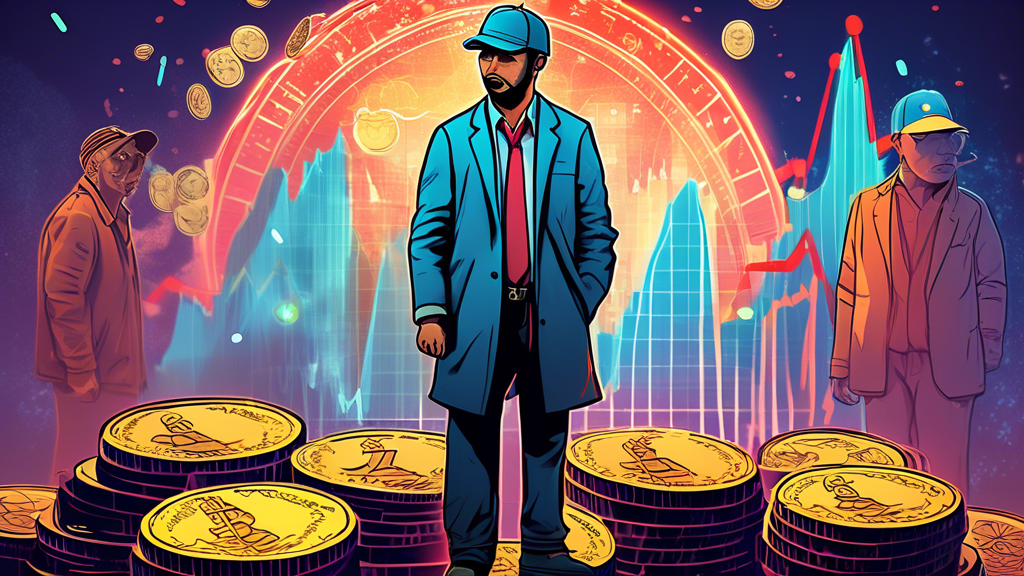 Digital art illustration of a fictional character 'Rebel Satoshi' standing on a pile of coins with market graphs glowing in the background, while disappointed 'Worldcoin' and 'Dogwifhat' holders walk away in the foreground.