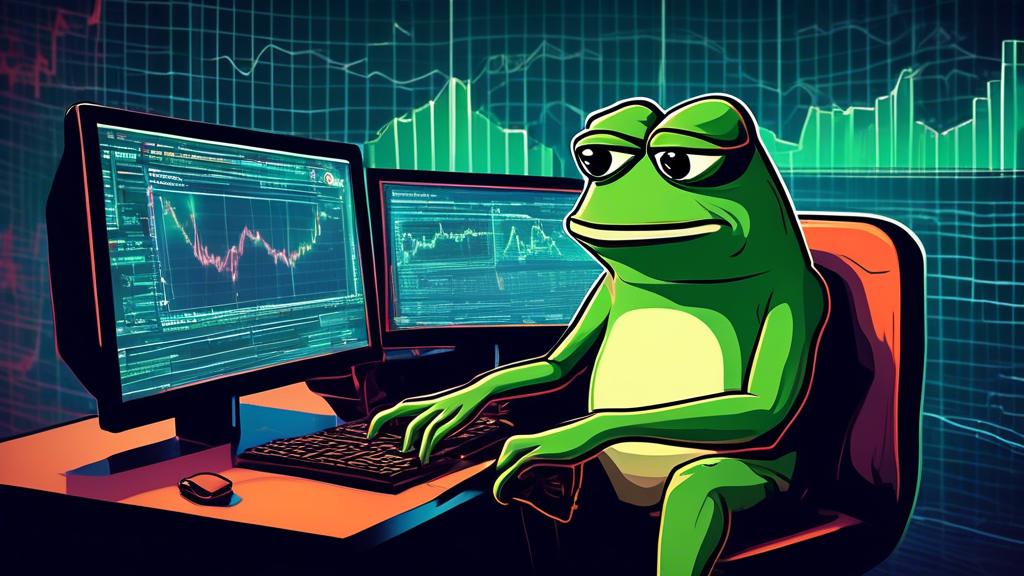 Digital illustration of a dramatic spike intersecting charts of ADA and Dogecoin, with an anthropomorphic, angry Pepe the Frog analyzing the data on a futuristic computer screen, emblematic of the cryptocurrency market's volatility and expert predictions.