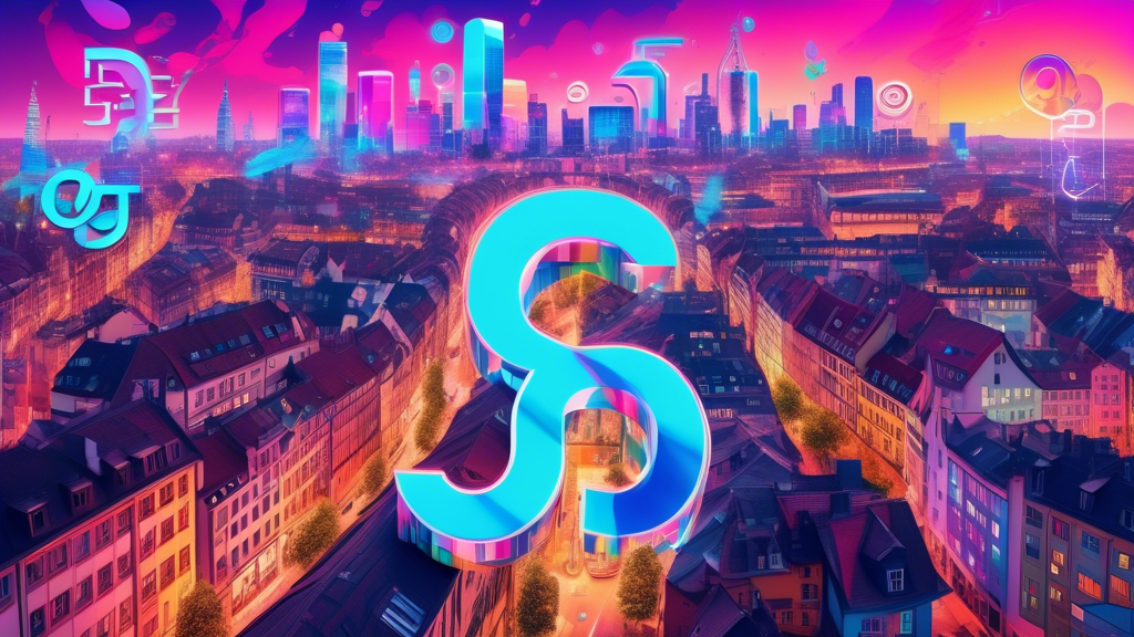 An artistic representation of the Sigg Foundation, TAEX, and Tezos logos coming together over a vibrant digital cityscape, with holographic NFT artworks floating above the streets of Basel.