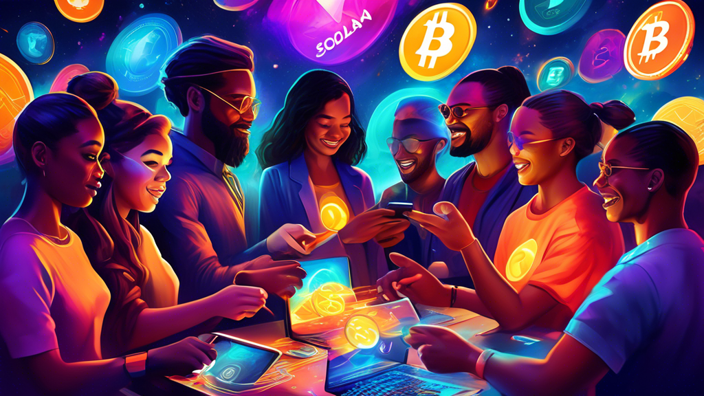 An imaginative digital painting of diverse people from around the world exchanging colorful, glowing cryptocurrencies seamlessly through various devices, with the iconic Solana logo illuminating the background, symbolizing a new era of internet-wide crypto transactions.