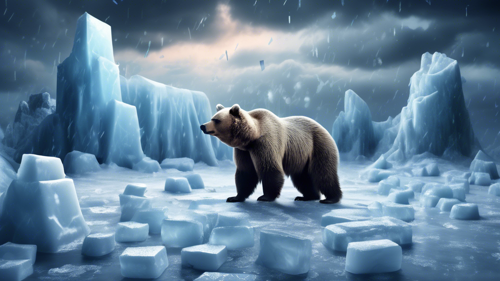 A snowy landscape depicting a bear market trend chart with altcoin tokens frozen in ice blocks, hinting at a decline, under a stormy sky.