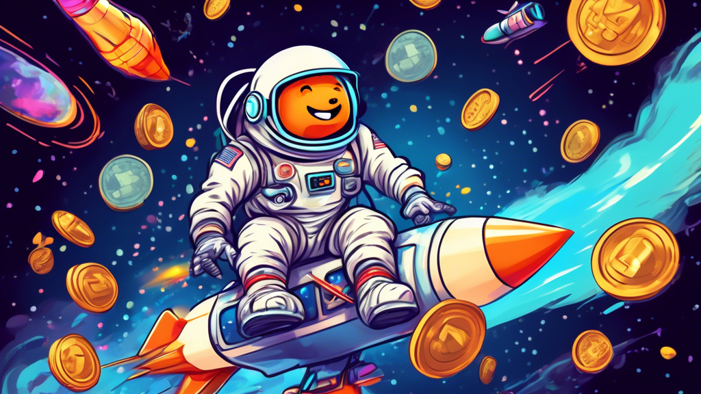 An excited cartoon astronaut riding a rocket emblazoned with a meme face, flying through a digital space filled with coins and internet memes, all orbiting a glowing layer-2 symbol.