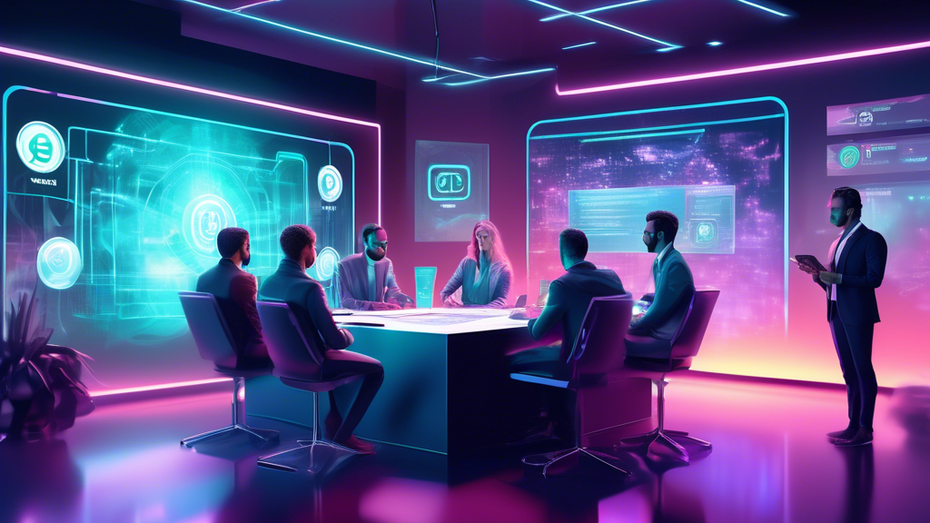 An artistic illustration of a futuristic virtual meeting room where investors are discussing and showcasing the innovative technologies of Félix Pago's WhatsApp remittances and Fortunafi's asset tokenization, all represented through holograms and digital interfaces, with a scoreboard in the background displaying the investment amounts mentioned.