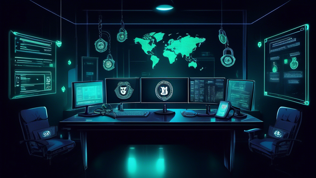 A dark, digital-themed room illuminated by computer screens displaying blockchain transactions and USDT balances, with handcuffs and a badge placed on the desk, symbolizing the arrest of kidnappers by law enforcement officers specialized in cybercrime.