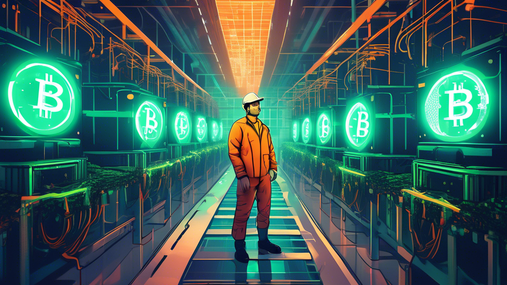 A futuristic digital illustration of Ben Gagnon standing in front of a high-tech, eco-friendly bitcoin mining facility, with the BitFarms logo glowing in the backdrop, symbolizing innovation and leadership in cryptocurrency mining.
