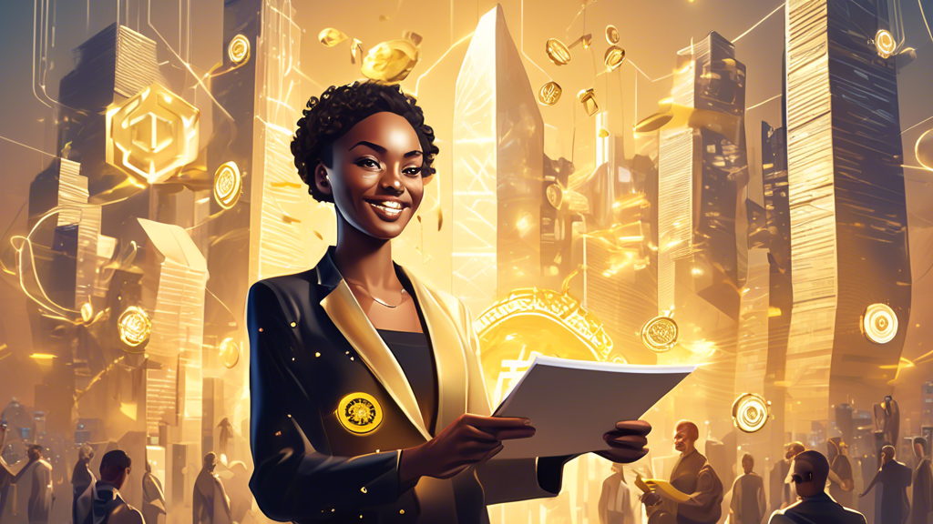 Digital illustration of Solana co-founder surrounded by floating memecoin symbols while handing out golden grant certificates to developers with futuristic city skyline in the background.