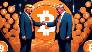 Donald Trump and a comedian with a canceled show sharing jokes on a stage decorated with Bitcoin symbols at a futuristic conference in 2024.
