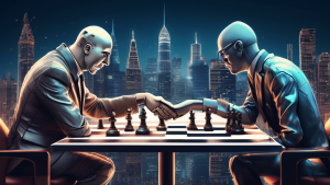 Digital artwork depicting a handshake between two humanized representations of FTX and the CFTC over a chessboard, symbolizing strategic negotiation, with digital coins and legal documents scattered around, on a background of a futuristic city skyline.