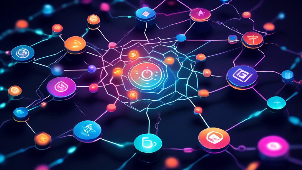 An abstract digital illustration showcasing Flare's network symbol interconnecting with icons representing 75 different blockchains through glowing links, emphasizing the concept of interoperability and integration via LayerZero V2.