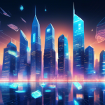 An artistic digital illustration of a futuristic city skyline with three glowing, holographic tokens floating above skyscrapers, each token adorned with the Goldman Sachs logo, symbolizing the launch of their new tokenization projects.