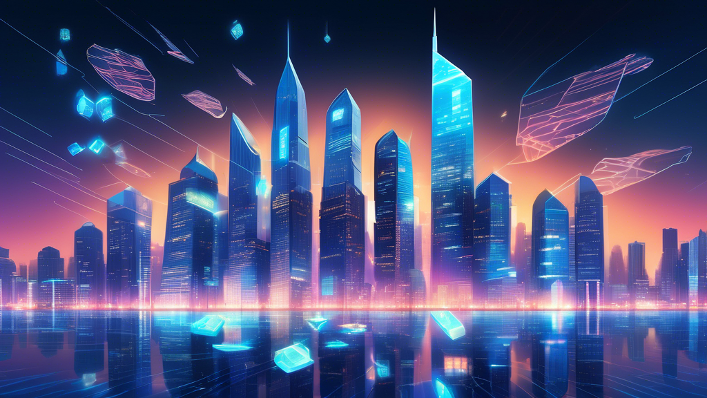 An artistic digital illustration of a futuristic city skyline with three glowing, holographic tokens floating above skyscrapers, each token adorned with the Goldman Sachs logo, symbolizing the launch of their new tokenization projects.