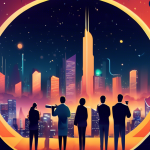 A futuristic city skyline at dusk with excited investors looking through telescopes at a glowing Rollblock logo among stars, symbolizing potential for massive returns.