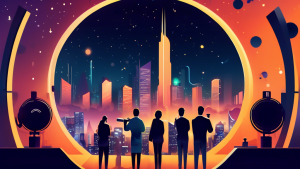 A futuristic city skyline at dusk with excited investors looking through telescopes at a glowing Rollblock logo among stars, symbolizing potential for massive returns.
