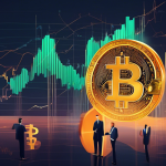 Digital illustration of a rising graph symbolizing the Bitcoin and cryptocurrency market recovery in August, with optimistic investors and JPMorgan analysts discussing financial strategies in the background.
