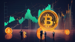 Digital illustration of a rising graph symbolizing the Bitcoin and cryptocurrency market recovery in August, with optimistic investors and JPMorgan analysts discussing financial strategies in the background.