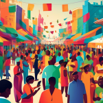 A vibrant, colorful marketplace bustling with activity in an emerging market city, where diverse groups of people are using digital devices to access financial services, symbolizing financial inclusion, with the Jambo logo prominently displayed.