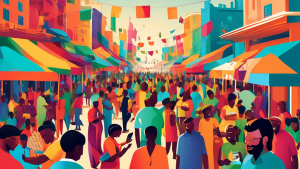A vibrant, colorful marketplace bustling with activity in an emerging market city, where diverse groups of people are using digital devices to access financial services, symbolizing financial inclusion, with the Jambo logo prominently displayed.