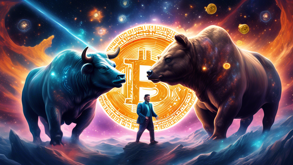 A majestic bull and bear locked in a cosmic duel, with symbols of Bitcoin and Mantra orbiting around them, while a brilliant Multiverse portal shines brightly in the background, illuminating the vast expanse of the digital universe.