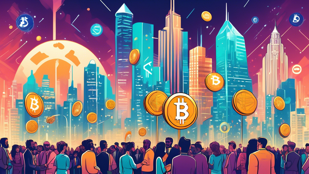 An illustration of a futuristic city skyline with prominent buildings shaped like cryptocurrency symbols, where digital coins rain down as a group of diverse, smiling people in business attire, each wearing campaign buttons, shake hands under a banner that reads 'Multicoin Capital Supports Pro-Crypto Future'.